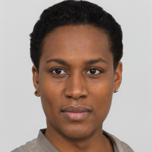 Neutral black young-adult female with short  black hair and brown eyes