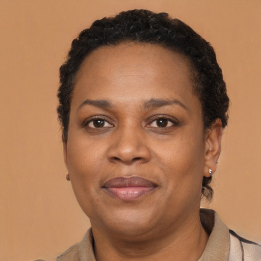 Joyful black adult female with short  brown hair and brown eyes
