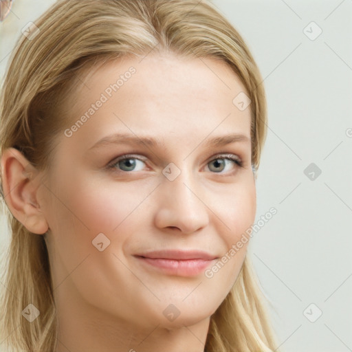 Joyful white young-adult female with long  brown hair and blue eyes