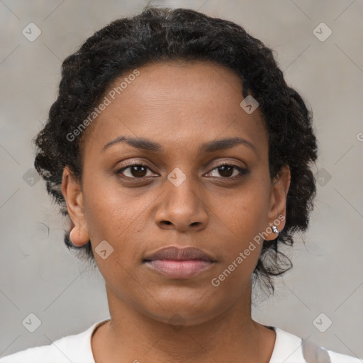 Neutral black young-adult female with short  brown hair and brown eyes