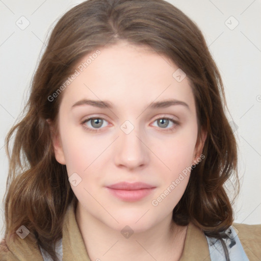 Neutral white young-adult female with medium  brown hair and grey eyes