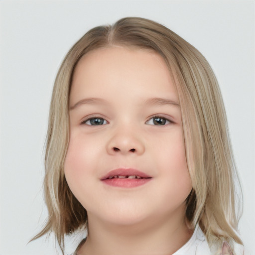 Joyful white child female with medium  brown hair and blue eyes