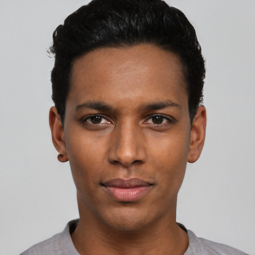 Neutral black young-adult male with short  black hair and brown eyes