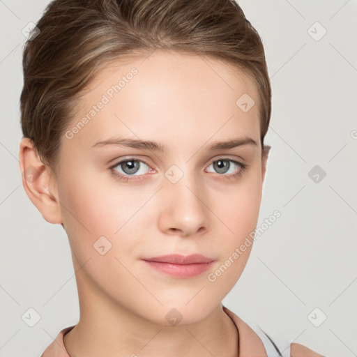 Neutral white young-adult female with short  brown hair and brown eyes