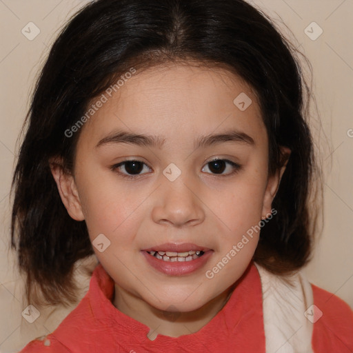 Joyful white child female with medium  brown hair and brown eyes