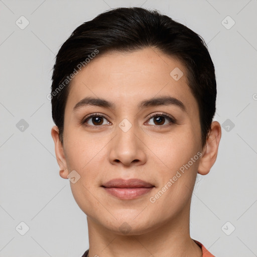 Joyful white young-adult female with short  brown hair and brown eyes