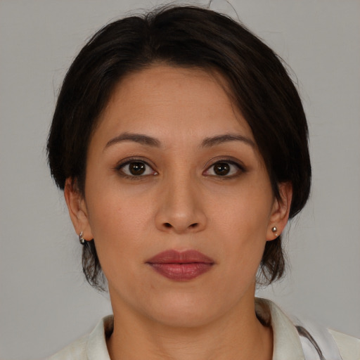 Neutral asian young-adult female with medium  brown hair and brown eyes