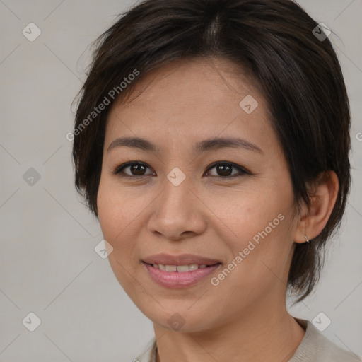 Joyful white young-adult female with medium  brown hair and brown eyes