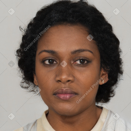 Neutral black young-adult female with short  black hair and brown eyes