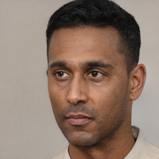 Neutral latino young-adult male with short  black hair and brown eyes