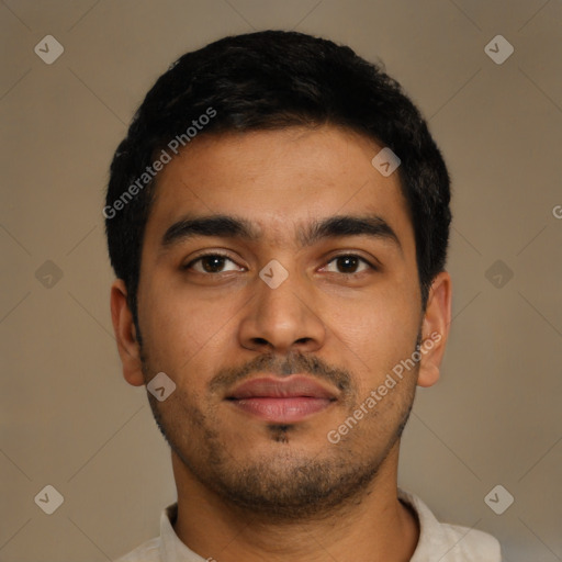 Neutral latino young-adult male with short  black hair and brown eyes
