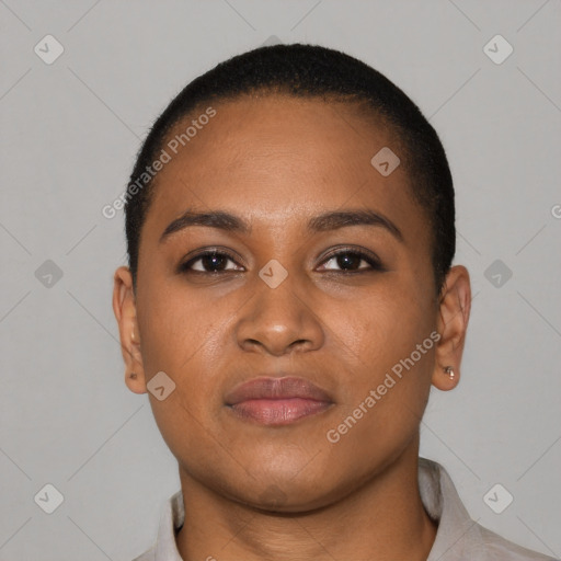 Neutral black young-adult female with short  black hair and brown eyes