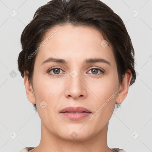 Neutral white young-adult female with short  brown hair and brown eyes