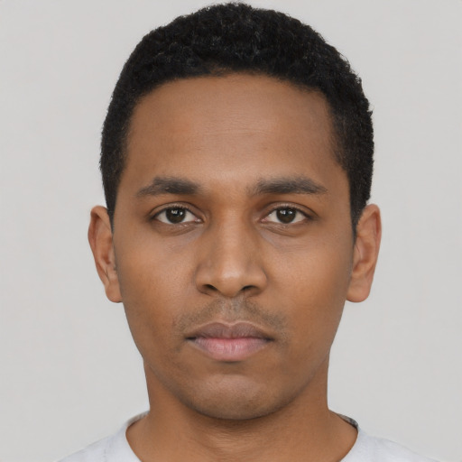 Neutral black young-adult male with short  black hair and brown eyes