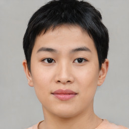 Neutral asian young-adult male with short  black hair and brown eyes