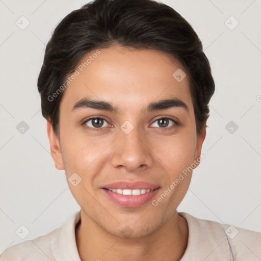 Joyful white young-adult female with short  brown hair and brown eyes