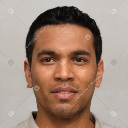 Neutral latino young-adult male with short  black hair and brown eyes