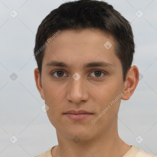 Neutral white young-adult male with short  brown hair and brown eyes