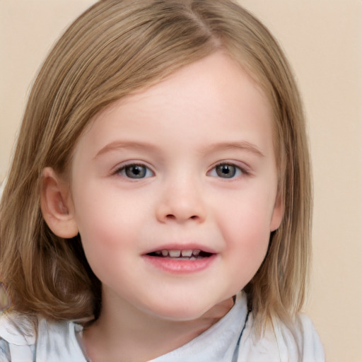 Joyful white child female with medium  brown hair and blue eyes