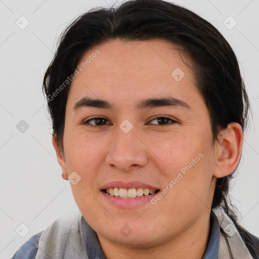 Joyful white young-adult female with medium  brown hair and brown eyes