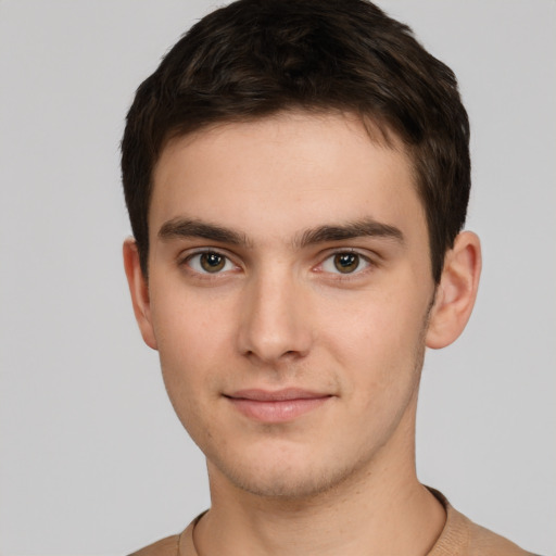 Neutral white young-adult male with short  brown hair and brown eyes