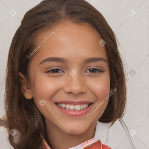 Joyful white child female with medium  brown hair and brown eyes