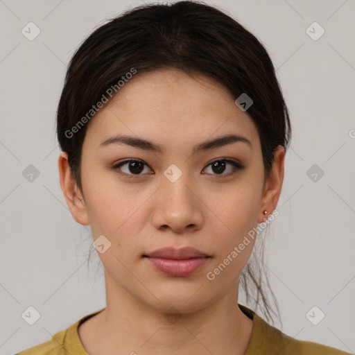 Neutral white young-adult female with short  brown hair and brown eyes