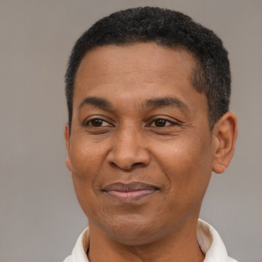Joyful black adult male with short  black hair and brown eyes