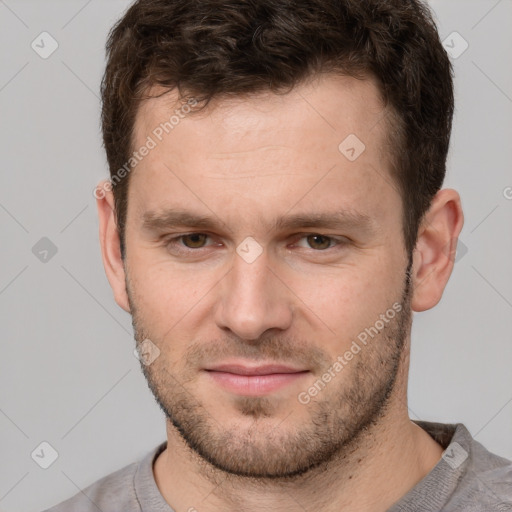 Neutral white young-adult male with short  brown hair and brown eyes