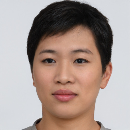 Neutral asian young-adult female with short  black hair and brown eyes