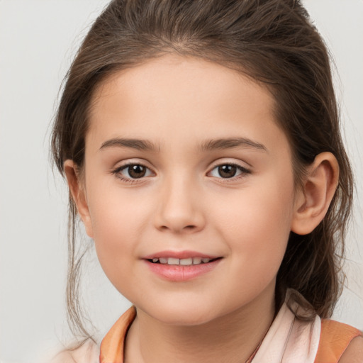 Joyful white child female with medium  brown hair and brown eyes