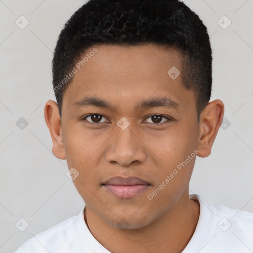 Joyful latino young-adult male with short  brown hair and brown eyes