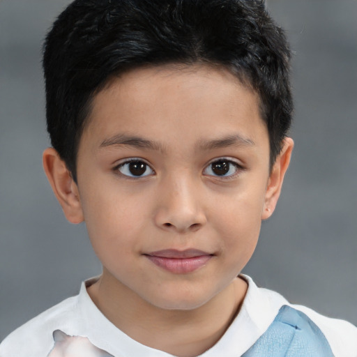 Joyful white child male with short  brown hair and brown eyes