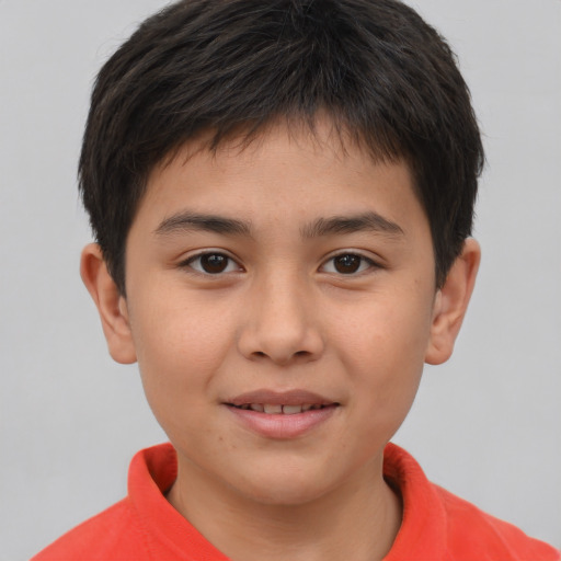 Joyful asian child male with short  brown hair and brown eyes