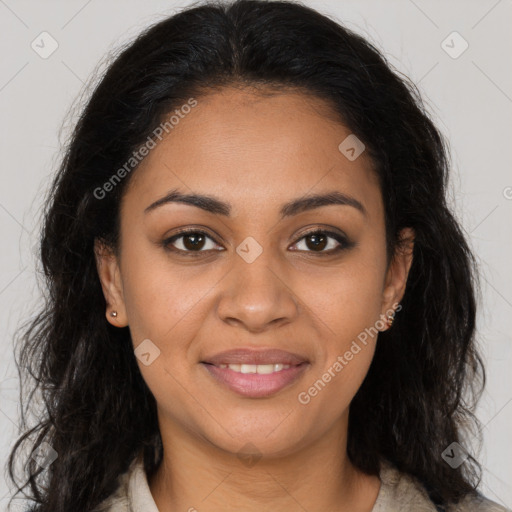 Joyful latino young-adult female with long  brown hair and brown eyes