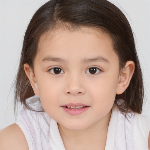 Joyful white child female with medium  brown hair and brown eyes