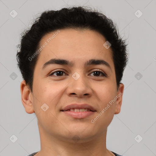 Joyful latino young-adult male with short  brown hair and brown eyes