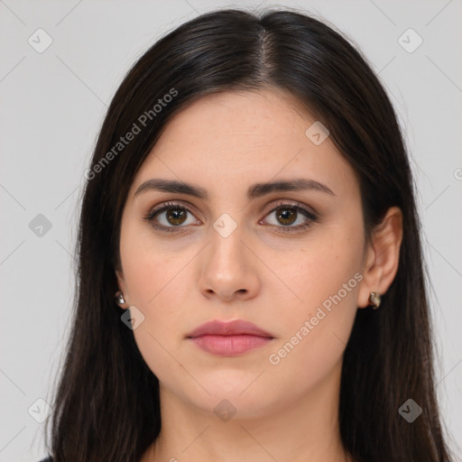 Neutral white young-adult female with long  brown hair and brown eyes