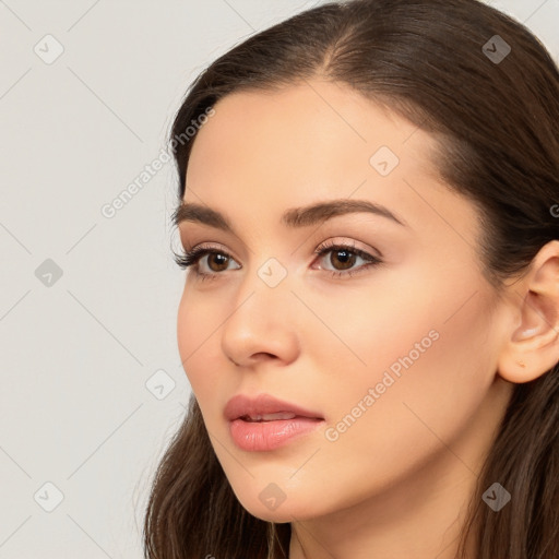 Neutral white young-adult female with long  brown hair and brown eyes