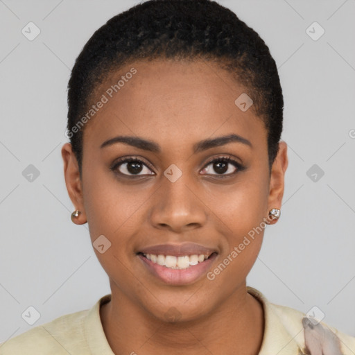 Joyful black young-adult female with short  brown hair and brown eyes