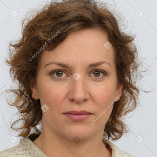 Joyful white young-adult female with medium  brown hair and green eyes