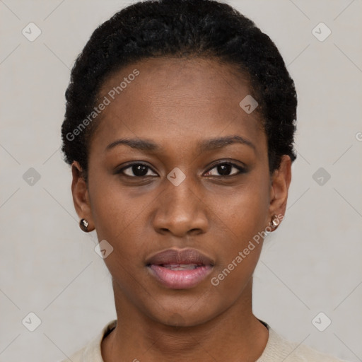 Neutral black young-adult female with short  black hair and brown eyes