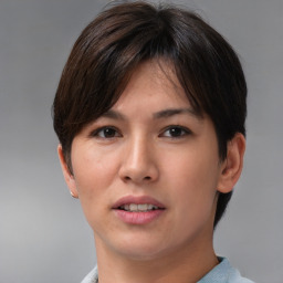 Neutral asian young-adult female with short  brown hair and brown eyes