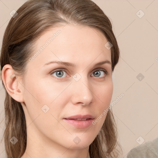 Neutral white young-adult female with medium  brown hair and grey eyes