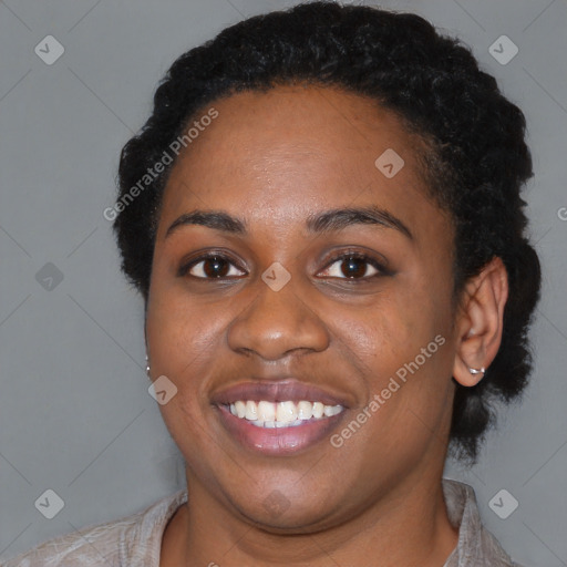 Joyful latino young-adult female with short  black hair and brown eyes