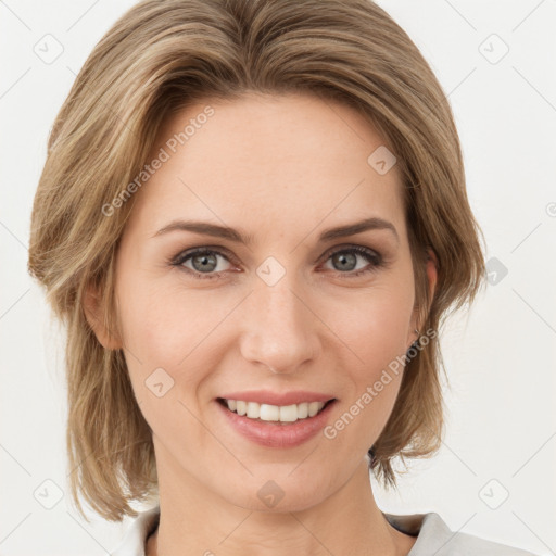 Joyful white young-adult female with medium  brown hair and green eyes