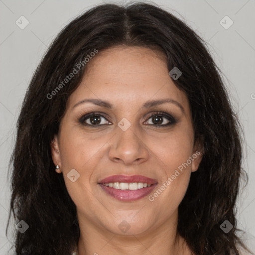 Joyful white adult female with long  brown hair and brown eyes