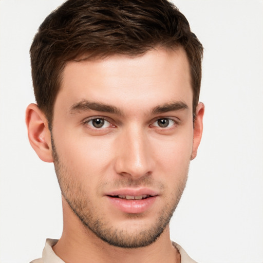 Neutral white young-adult male with short  brown hair and brown eyes