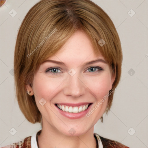 Joyful white young-adult female with medium  brown hair and blue eyes