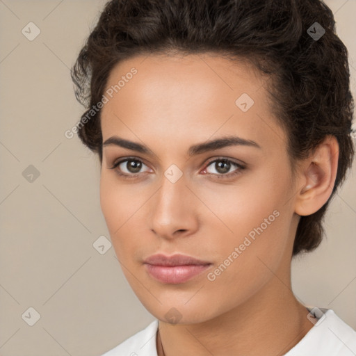 Neutral white young-adult female with short  brown hair and brown eyes